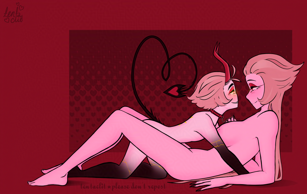 Digital dawing in red tones of Lucifer and Lilith from Hazbin Hotel seen from the side, naked. Lilith is lying on her back, holding the chain to a collar that Lucifer is wearing in her hand. She's smiling. Lucifer is standing on his hands and knees above her, grinning. Lucifer's tail shapes a heart.